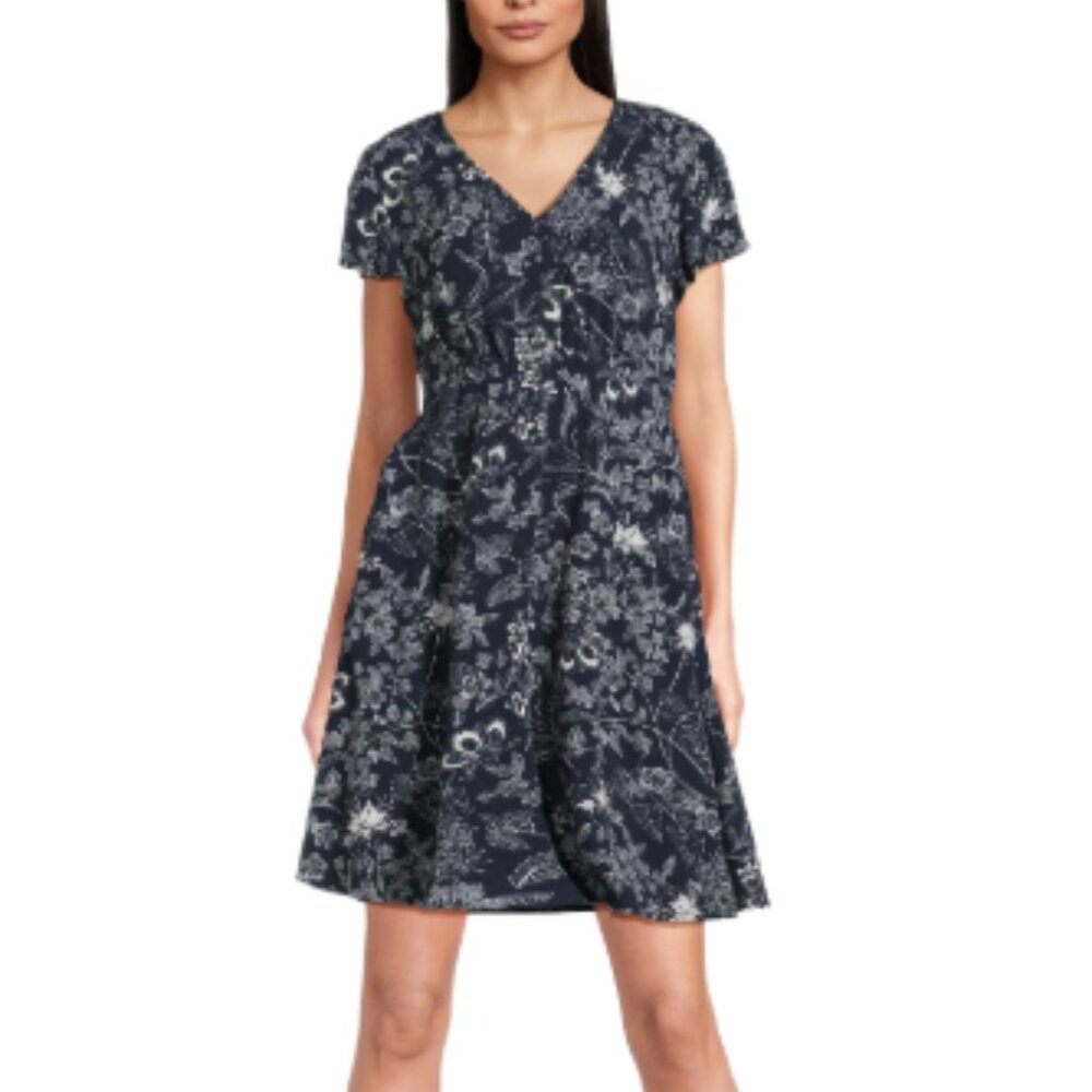 Time and Tru Women's Flutter Sleeve Mini Dress Navy Floral Size Large
